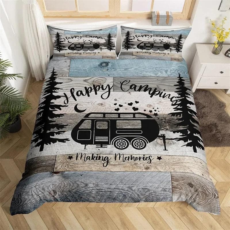 Happy Camping Duvet Cover Queen Cartoon Caravan Camping Bedding Set Farmhouse Style 3D Camper Comforter Cover With Pillowcases 150x200cm 3pcs