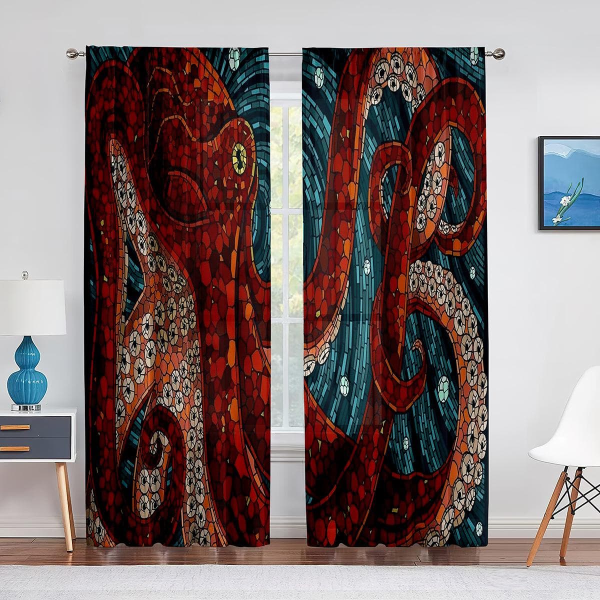Ocean Kraken Blue Octopus Tentacles Marine Life Tulle Curtains for Living Room Bedroom Sheer Voile Window Curtains Party Drapes 1 PCS W600XH250cm&Rod Pocket