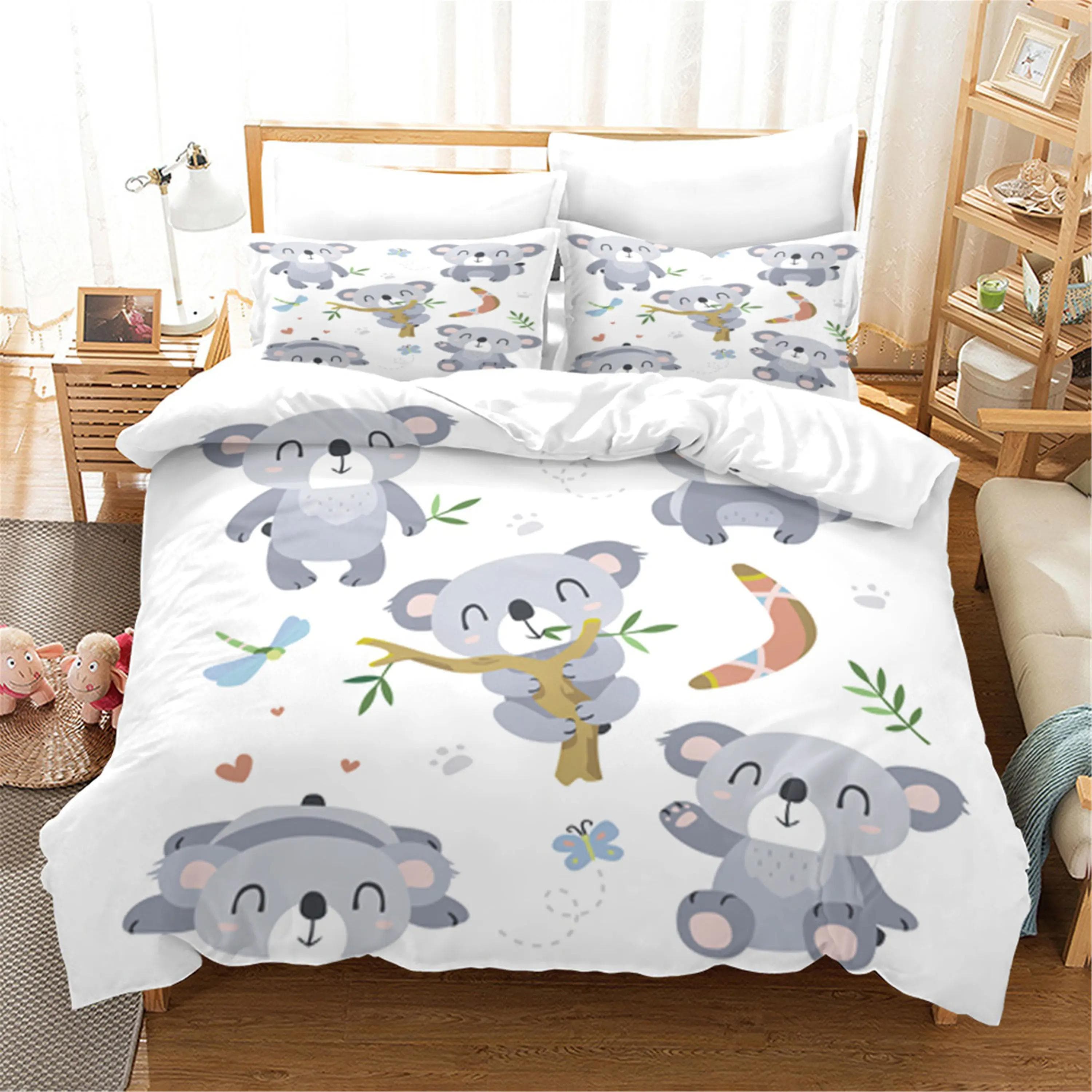 White Cartoon Cute Koala Bedding Set Aniaml Duvet Cover With Pillowcase 3PCS Bed Set Children Kids Gift Bed Linen Bedspread EU single(135x200cm)
