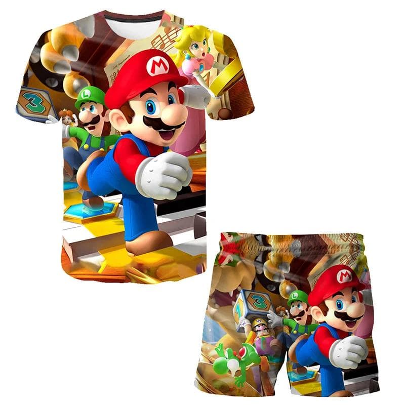 2025 MINISO Children's Clothing Sets Cosplay Super Mario T-shirts Shorts 2 Pcs Suits Kids Boys Girls Tops Tee Mario Bros T-shirt Pants Suit 120