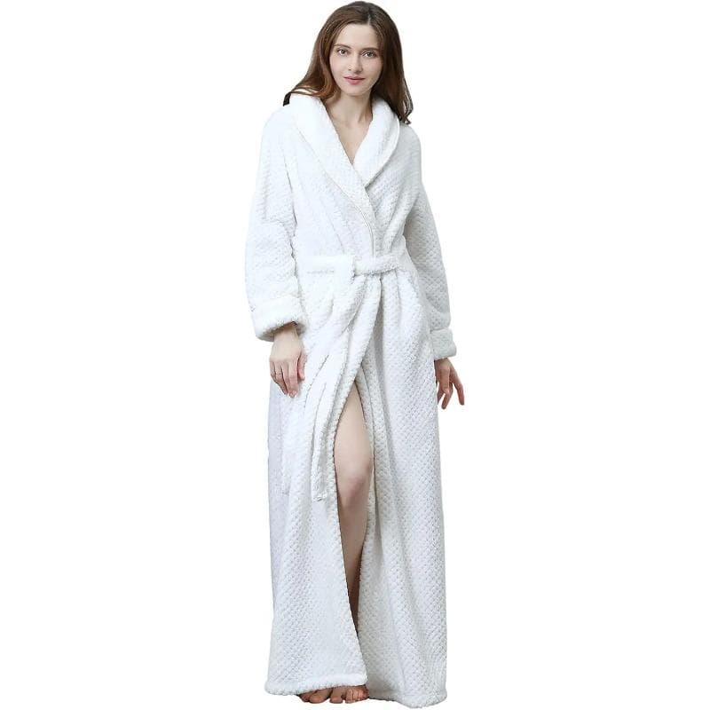 Loose Long Thick Bath Robe Hooded Winter Thick Women Bathrobe Flannel Terry Warm Comfortable Sleepwear for Female Dressing Gown XL white