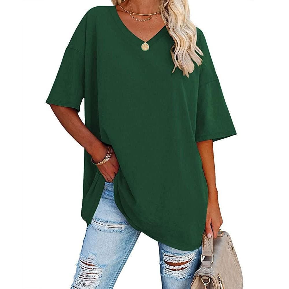 Summer Women's T-shirt Casual Solid Color V-Neck Large Size Loose Short Sleeve Top XXL green