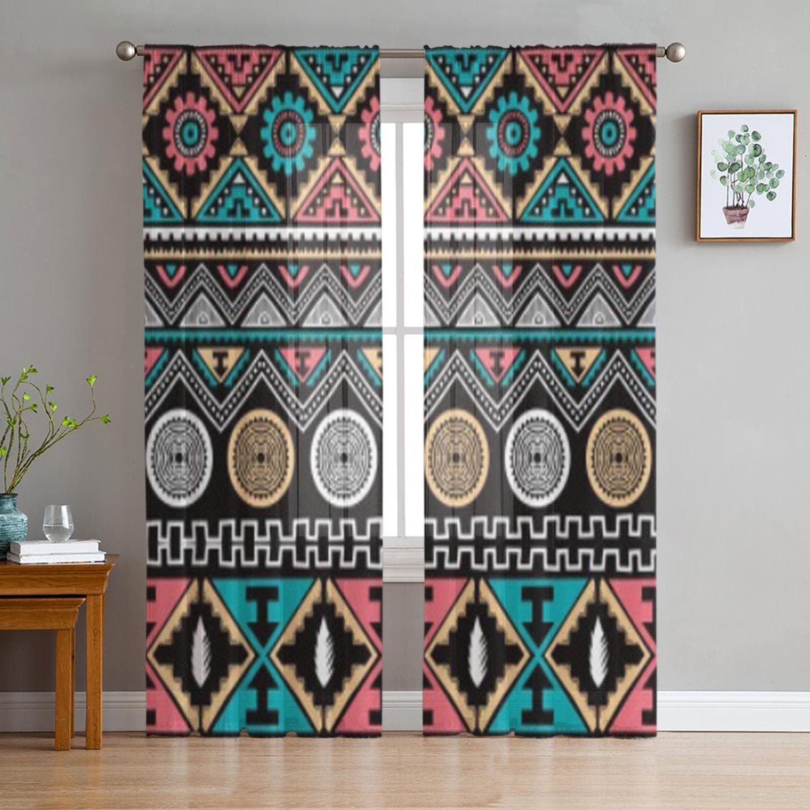 Color Ethnic Pattern Theme Art Tulle Sheer Curtains for Living Room the Room Bedroom Kitchen Decoration Voile Organza Curtains 135W x 114H(cm)