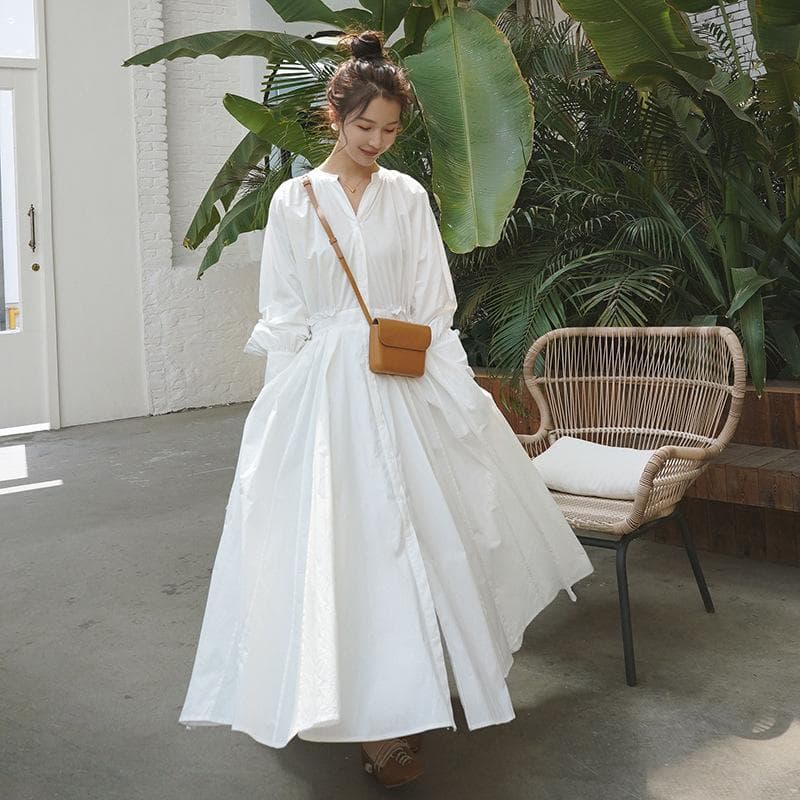 Loose Plus Size Dress Autumn Women's New Style Lantern Sleeves Waist and Knee Lengthened Shirt Dress Large Hem Skirt XL white