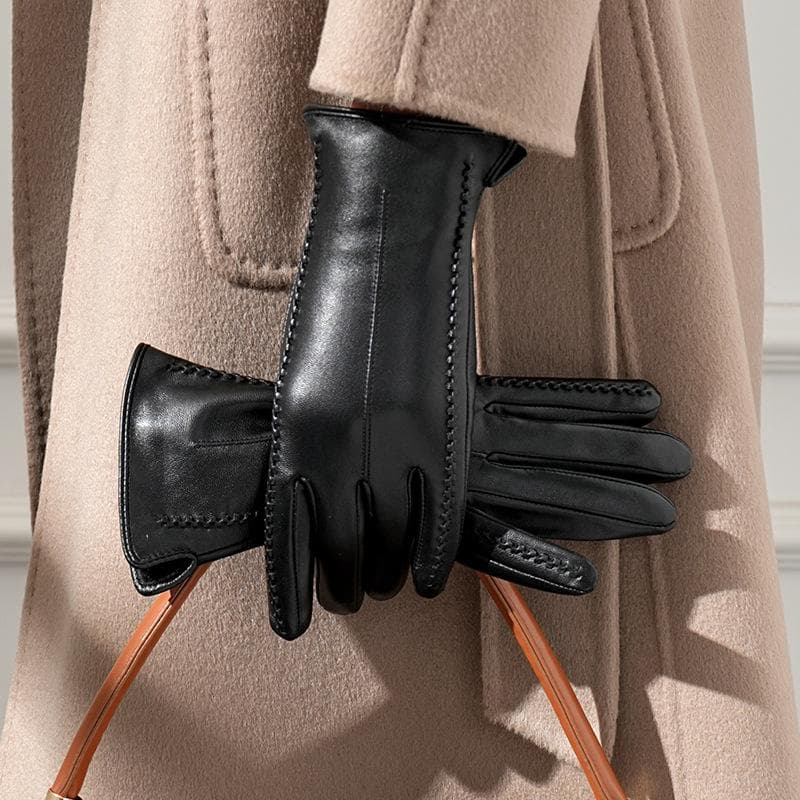 Sheepskin Leather Gloves for Women Winter Fleece-lined Thickened Touch Screen Warm Driving and Biking Simple Windproof Trendy Gloves M black