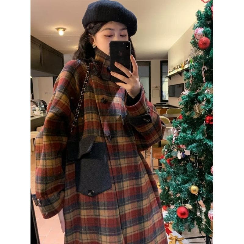 Christmas War Plaid Autumn and Winter New Korean Small Stand Collar Double-sided Cashmere Coat Women's Wool Coat M