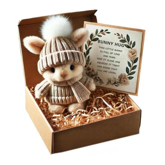 Handmade Mini Bunny Hug Easter Gift with Card Stuffed Plush Bunny Figurine in A Box Cute Pocket Bunny Emotional Support Gift for Women Men