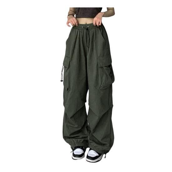 Women Cargo Pants Hip Hop Baggy Solid Color Multi Pockets Elastic Waist Match Top Loose Breathable Lady Trousers L army green