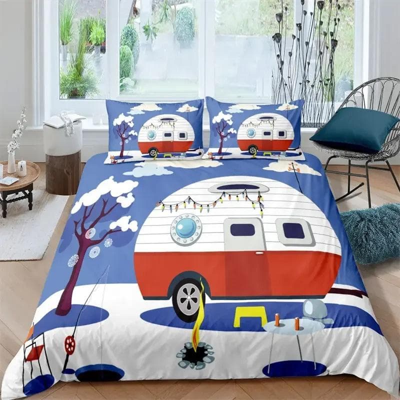 Happy Camping Duvet Cover Queen Cartoon Caravan Camping Bedding Set Farmhouse Style 3D Camper Comforter Cover With Pillowcases 210x210cm 3pcs