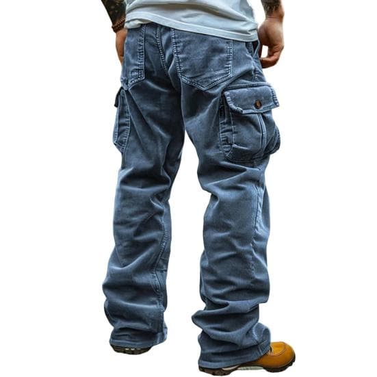 Men Cargo Pants Mid-rise Solid Color Corduroy Trousers with Multi Pockets Retro Style Casual Long Trousers XXL sky blue