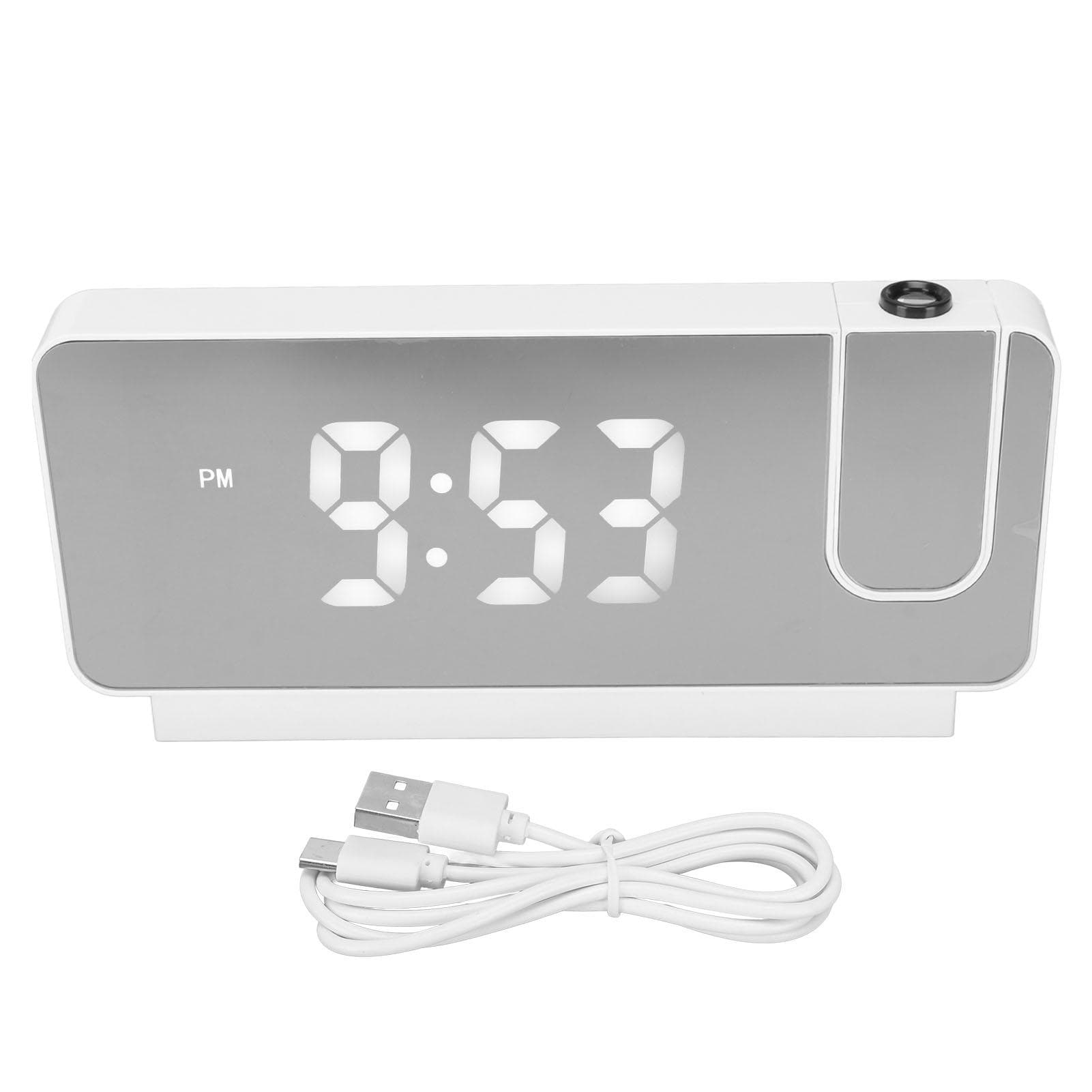 Projection Alarm Clock Time Date Temperature Display 180 Degree Wide Angle HD LED Screen white