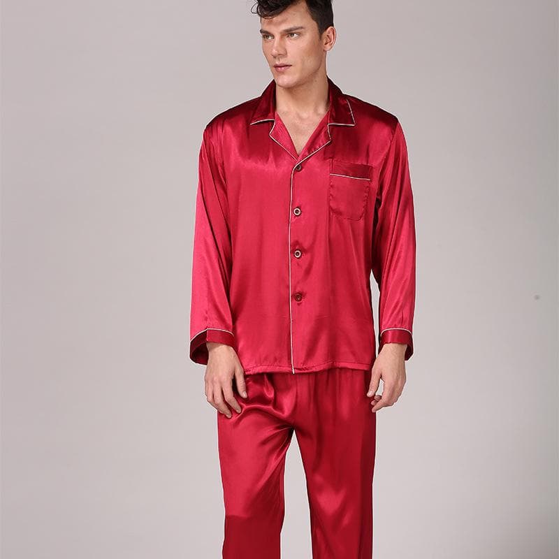 Men's Black Silk Pajamas - Long-Sleeved, Solid Color, Large Size Summer Homewear XXXL red