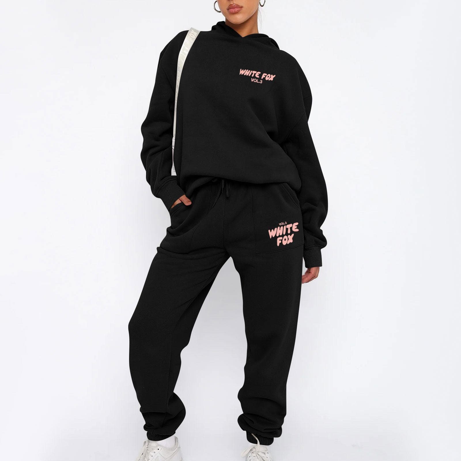 Women's Casual Two Piece Hooded Long Sleeve Long Pants Sports Sweatshirt Set XXL black