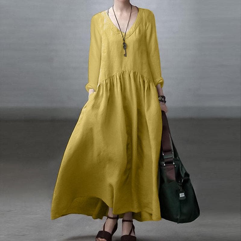 ZANZEA Cotton Casual V-neck Long Sleeve Women Dress M yellow