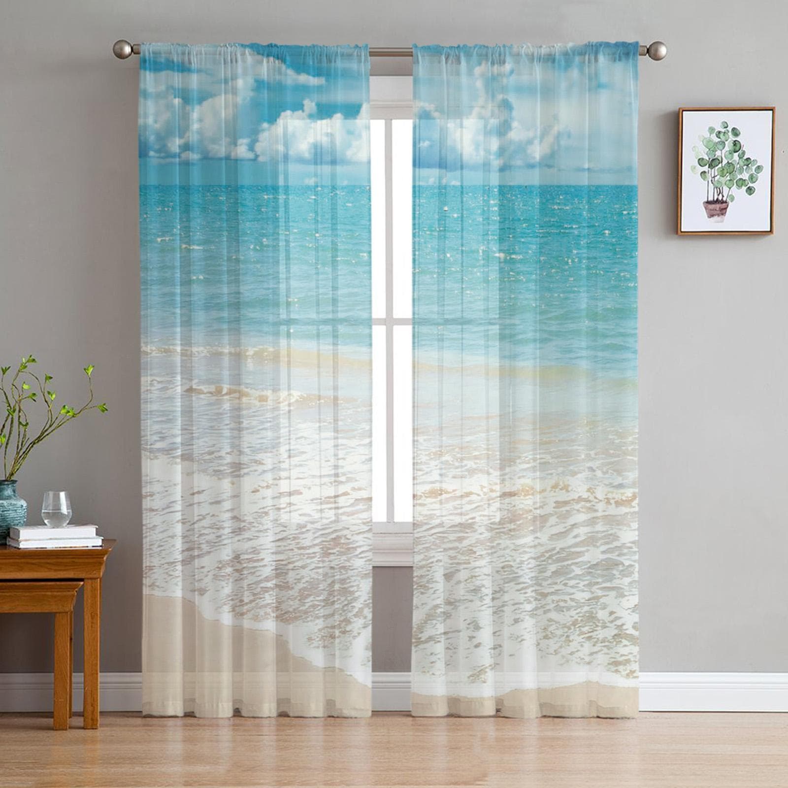 Clear Water On The Beach Sheer Curtains for Living Room Voile Curtain Bedroom Bathroom Tulle Curtains Window Drapes 135W x 114H(cm)