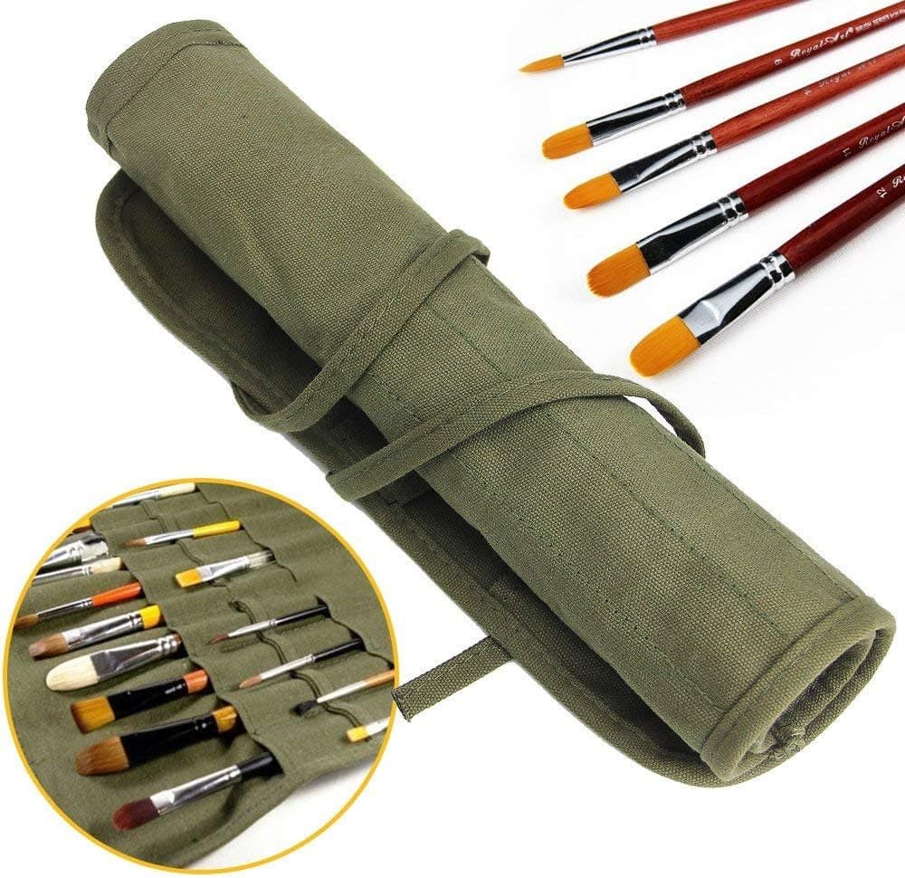 22 Slots Paint Brush Storage Holder for Acrylic Oil Watercolor Gouache Artist MultifunctionPaint Brush Roll up Canvas Pouch Bag army green