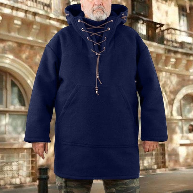 Men Fashion Warm Wool Hoodie Pullover Viking Lace Up Thicken Anorak Medieval Coats Cosplay Costume 5XL blue