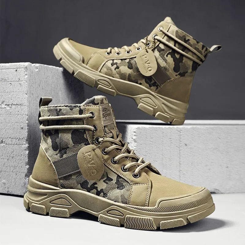 Retro High Top Lace Up Men's Boots Men's Inner Heightening Camo Matching Shoes Outdoor Hiking Boots 44 khaki