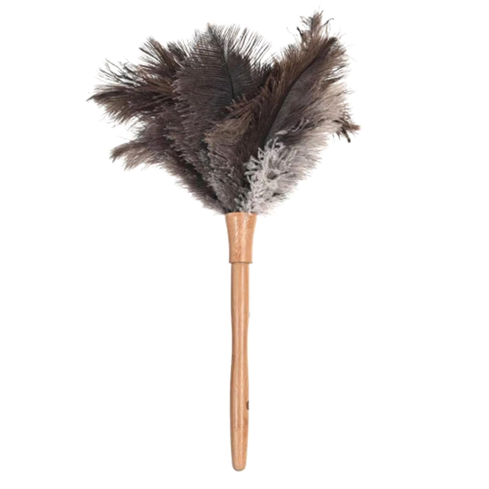 Fluffy Natural Ostrich Feather Duster Wooden Handle Household Cleaning Tool brown