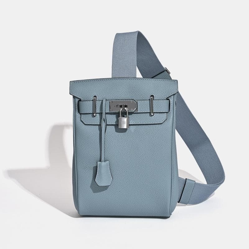 2025 New Unisex Top Layer Cowhide Chest Bag Shoulder Bag Genuine Leather Backpack With Lock Hanging Decoration 17 x 8 x 27CM+silver buckle