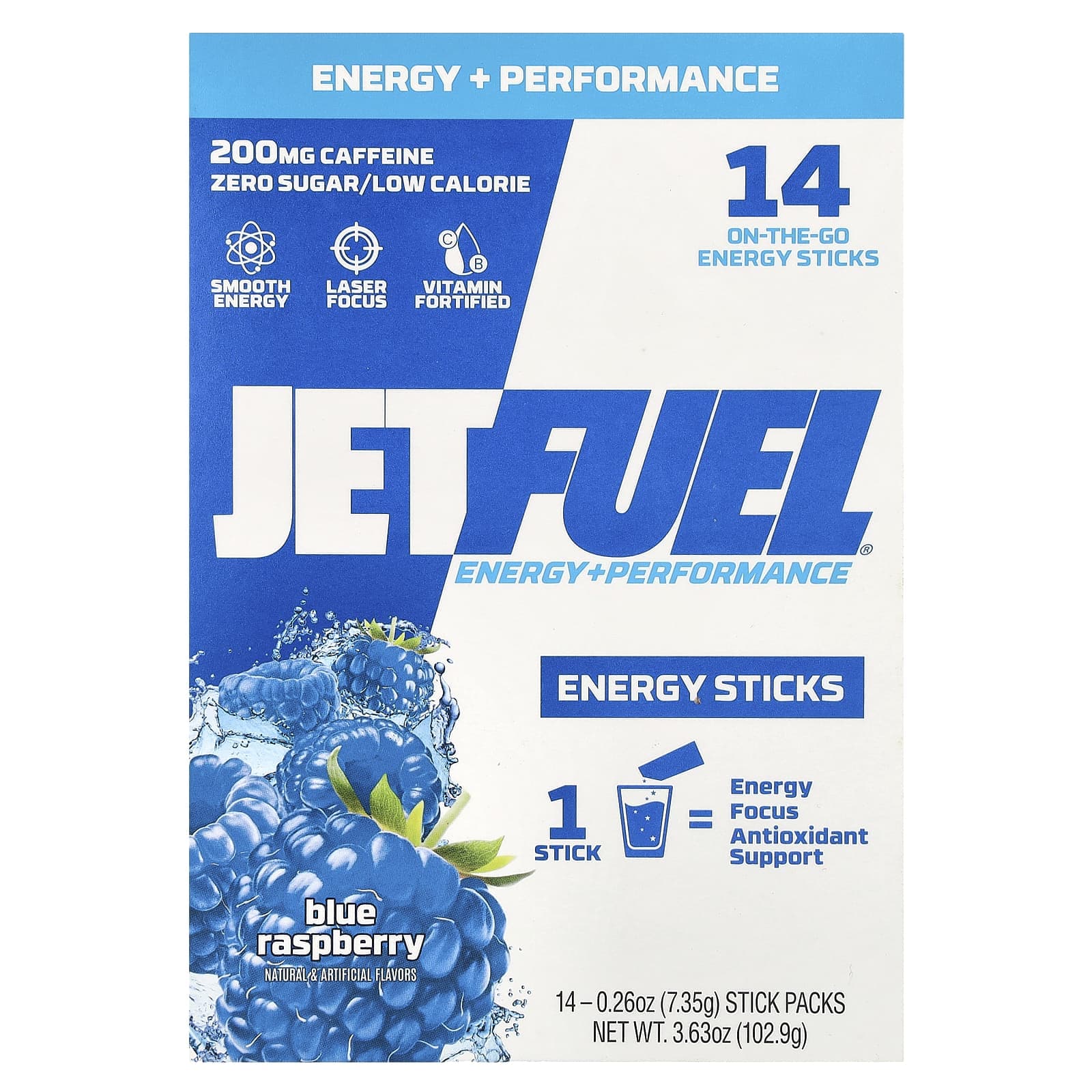 GAT, JetFel® Energy + Performance, Energy Stick, Blue Raspberry, 14 stick packs, 7.35 g (0.26 oz) each
