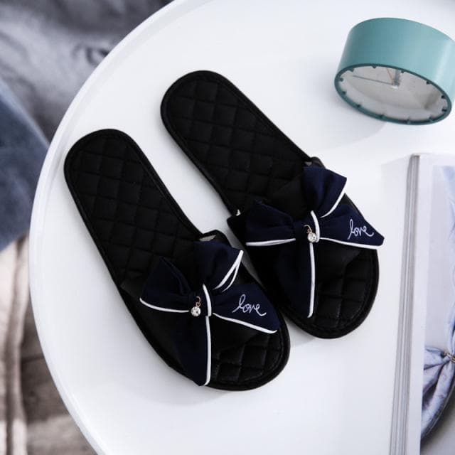 Women Indoor Silk Slippers Butterfly-knot Bowtie Light Comfy Flats Open Toe Home Slides House Causal Fashion Cute Shoes 39-40