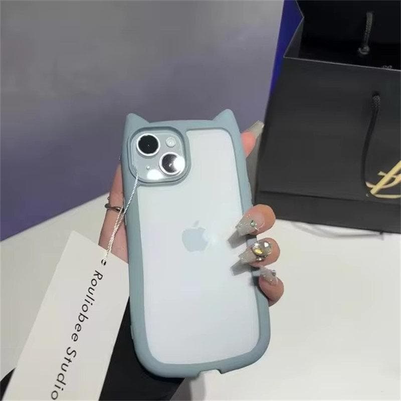 Cute Cat Ear Transparent Case For iPhone 12 13 14 15 16 Pro Max 11 Shockproof Hard Acrylic Back Cover Soft Silicone Kawaii Funda iPhone 11 Pro Max blue