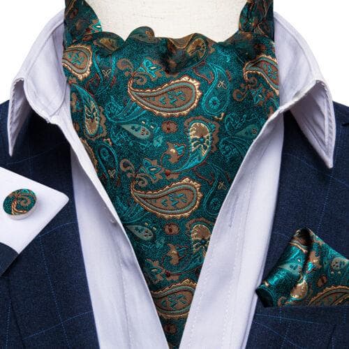 Mens Ascot Silk Cravat Blue Paisley Tie Handkerchief Cufflinks Set Formal Party LDAS2035