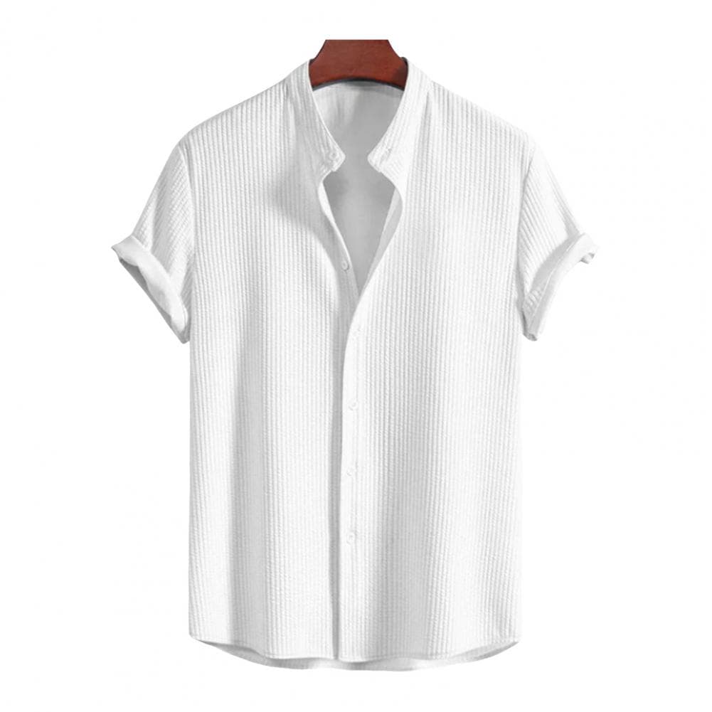 Men Summer Shirt Stand Collar Button-down Cardigan Short Sleeves Solid Color Loose Casual Business Daily Wear Top S