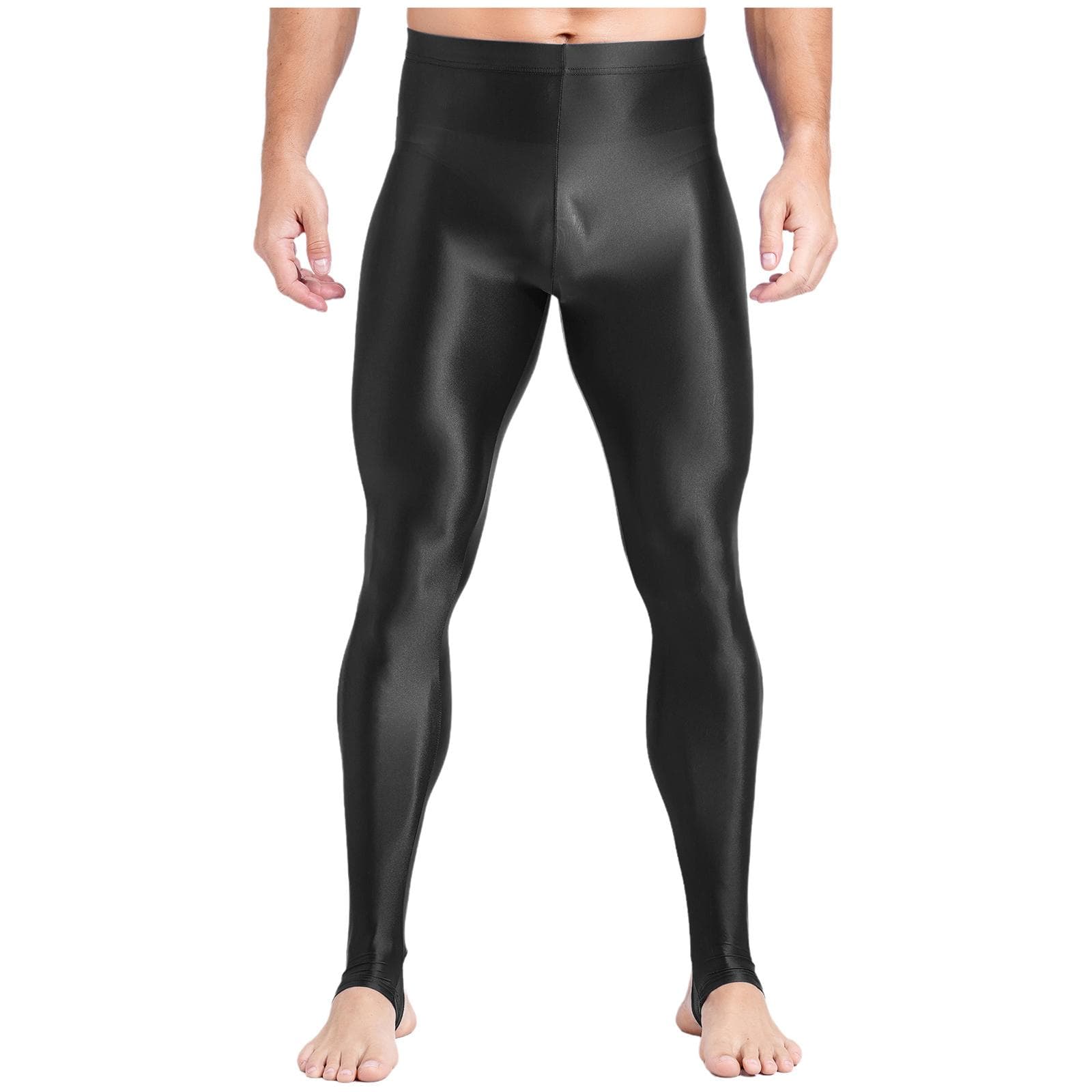 Mens Plus Size Glossy Leggings High Waist Tummy Control Fitness Gym Workout Pants XL black