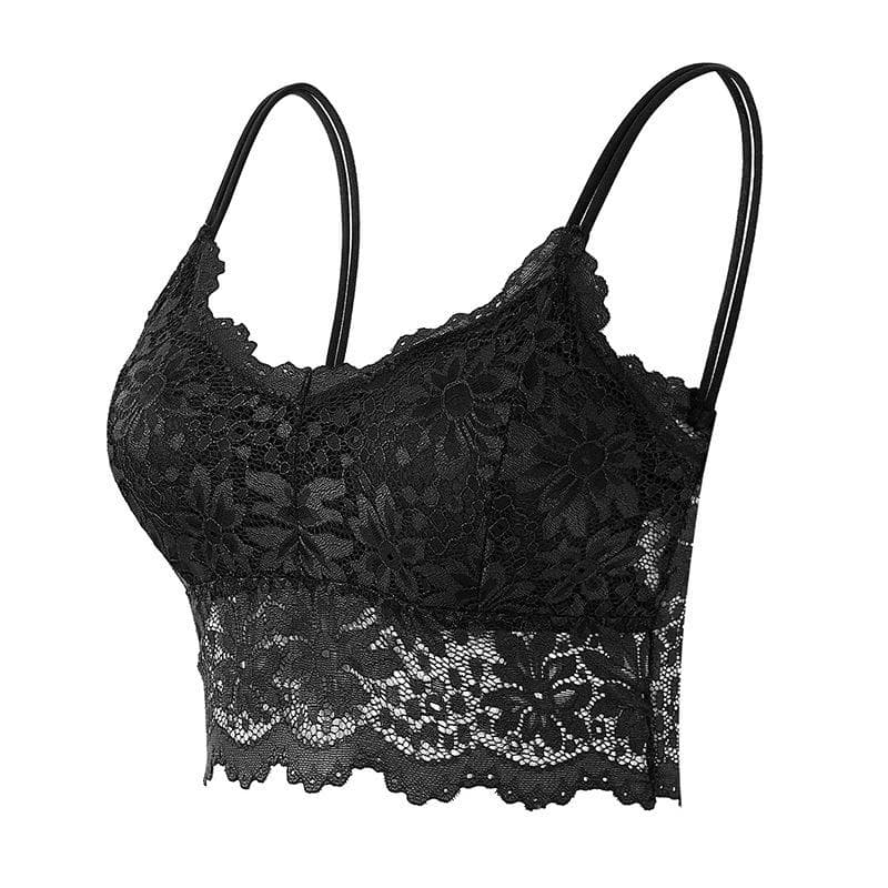 32A-95C Women Sleeveless Lace Vest Bra Cropped Top Camisole Padded Tank Tops Fitness Underwear Floral Lace Bralette 7 Colors L/XL black
