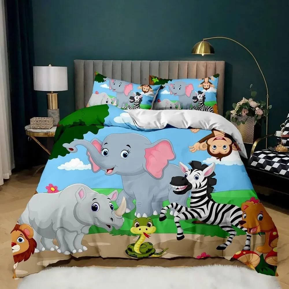 Elephant Comforter Cover Cute Cartoon Animal Paradise Bedding Set for Boys Girls Kids 3D Animal World Theme Queen Duvet Cover 70x133cm 2pcs