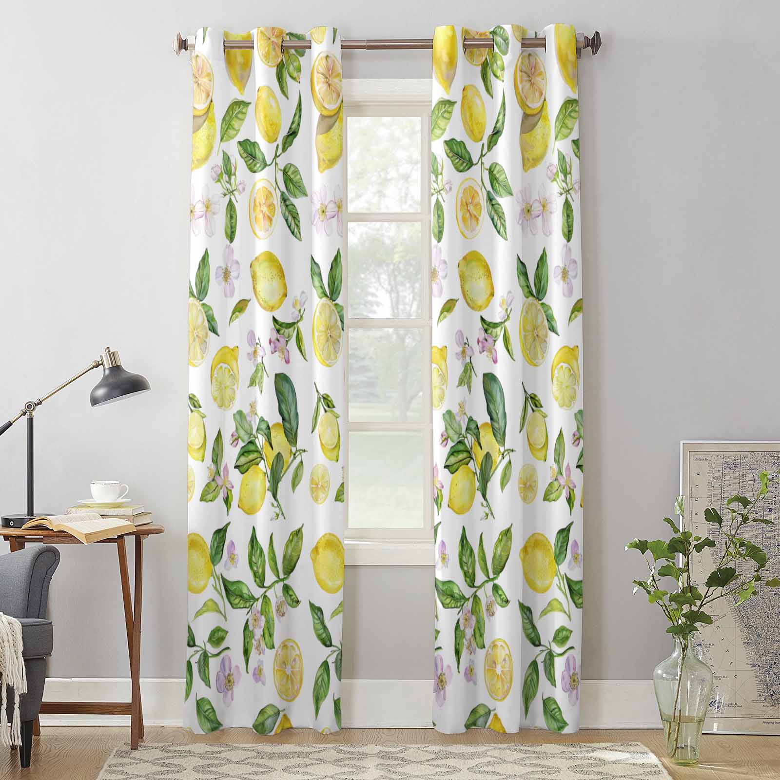 Summer Watercolor Lemon Vintage Window Curtains for Living Room Luxury Bedroom Curtain Kitchen Blinds Drapes Curtains 135W x 115H(cm) x1