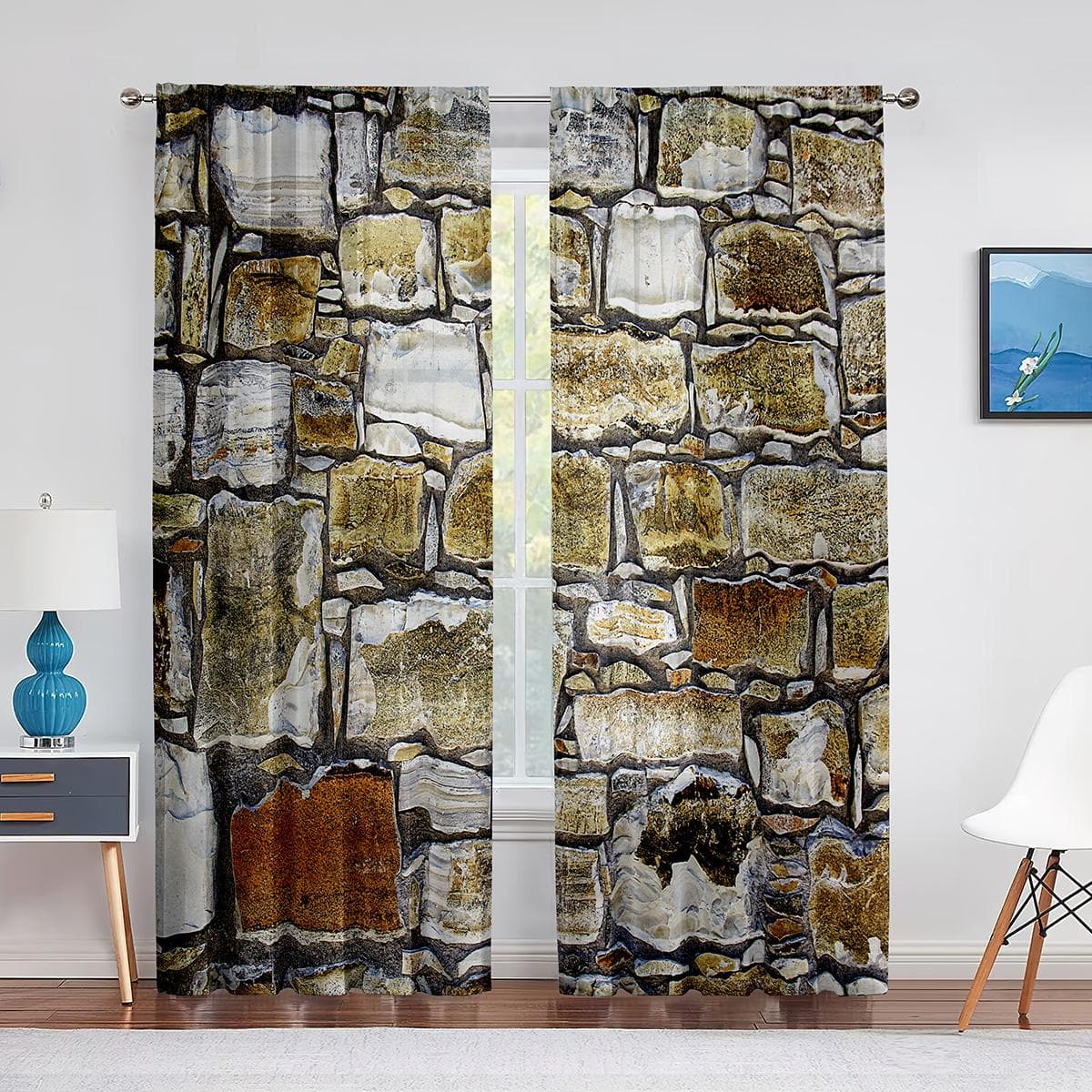 Urban Brick Slate Stone Wall Tulle Curtains for Living Room Bedroom Decoration Modern Chiffon Sheer Voile Kitchen Window Curtain 1 PCS W100XH250cm&Grommet Top
