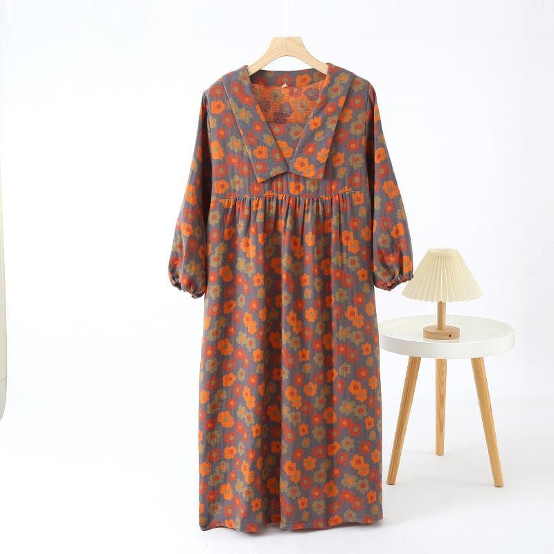 New Japanese Women's Spring and Summer Nightgown 100% Cotton Large Flower Skirt Simple Large Size Retro Home Dress M