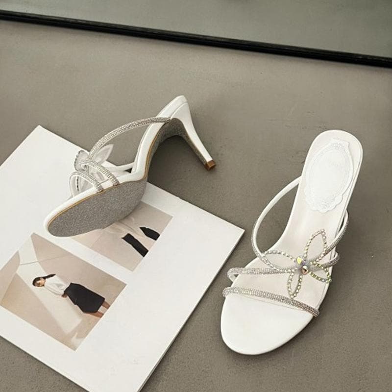 Liyke Brand Fashion Design Glitter Rhinestones Bowknot Women Slippers Crystal Narrow Band Low Heels Shoes Summer Party Sandals 34