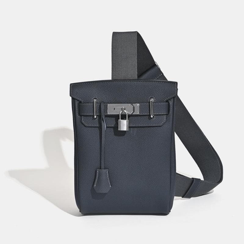2025 New Unisex Top Layer Cowhide Chest Bag Shoulder Bag Genuine Leather Backpack With Lock Hanging Decoration 17 x 8 x 27CM+silver buckle