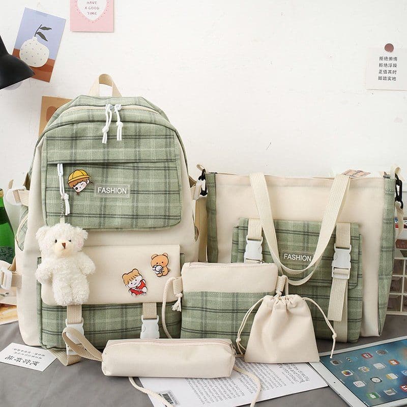 Backpack Cute Plaid Elementary School Backpack Women's Korean Version Trend Backpack Five Piece Backpack Set 42x12x31cm green