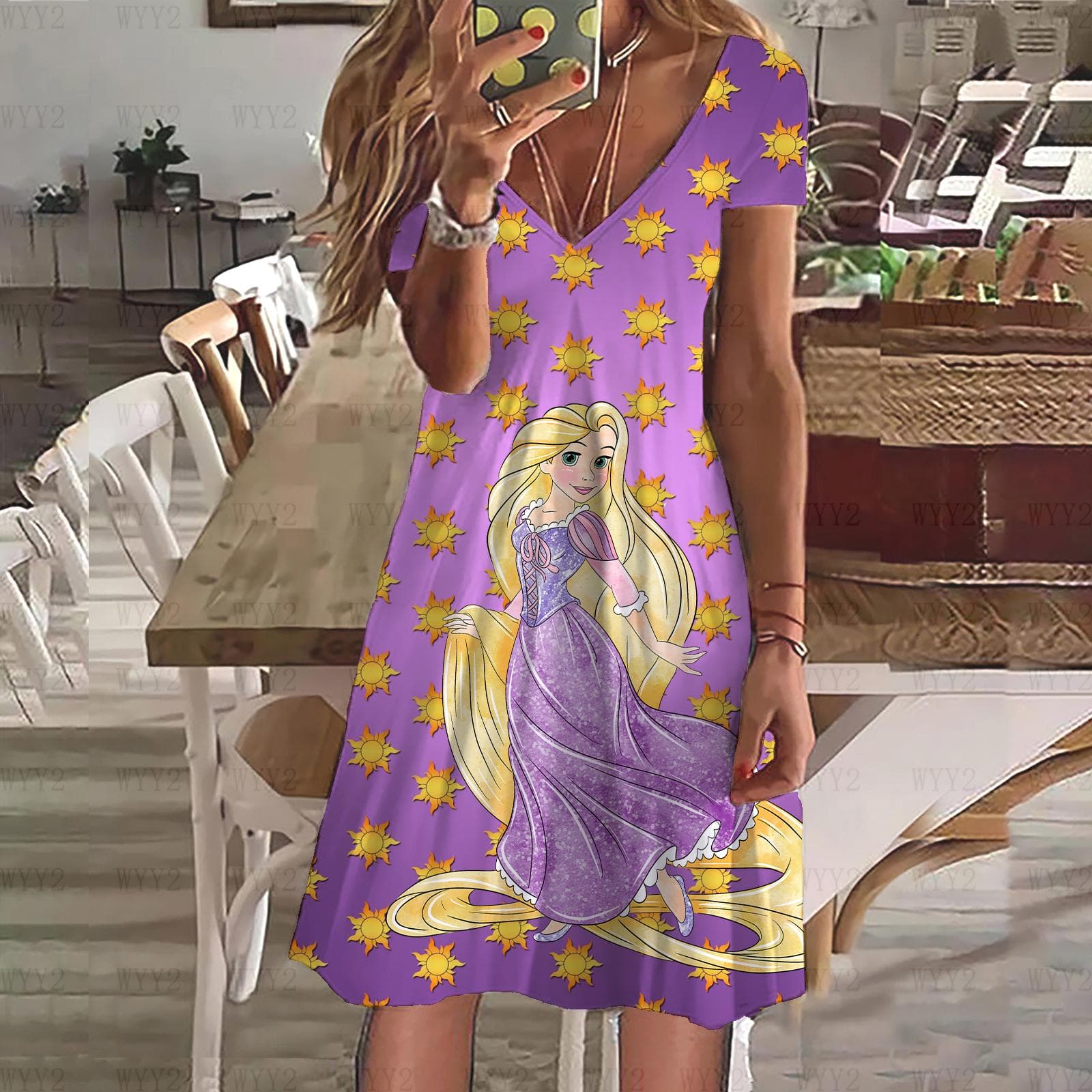 Ladies Dress Printed V Neck Short Sleeves Casual Cartoon Dress Simple Fashion Street Style Ladies Clothing 2XL