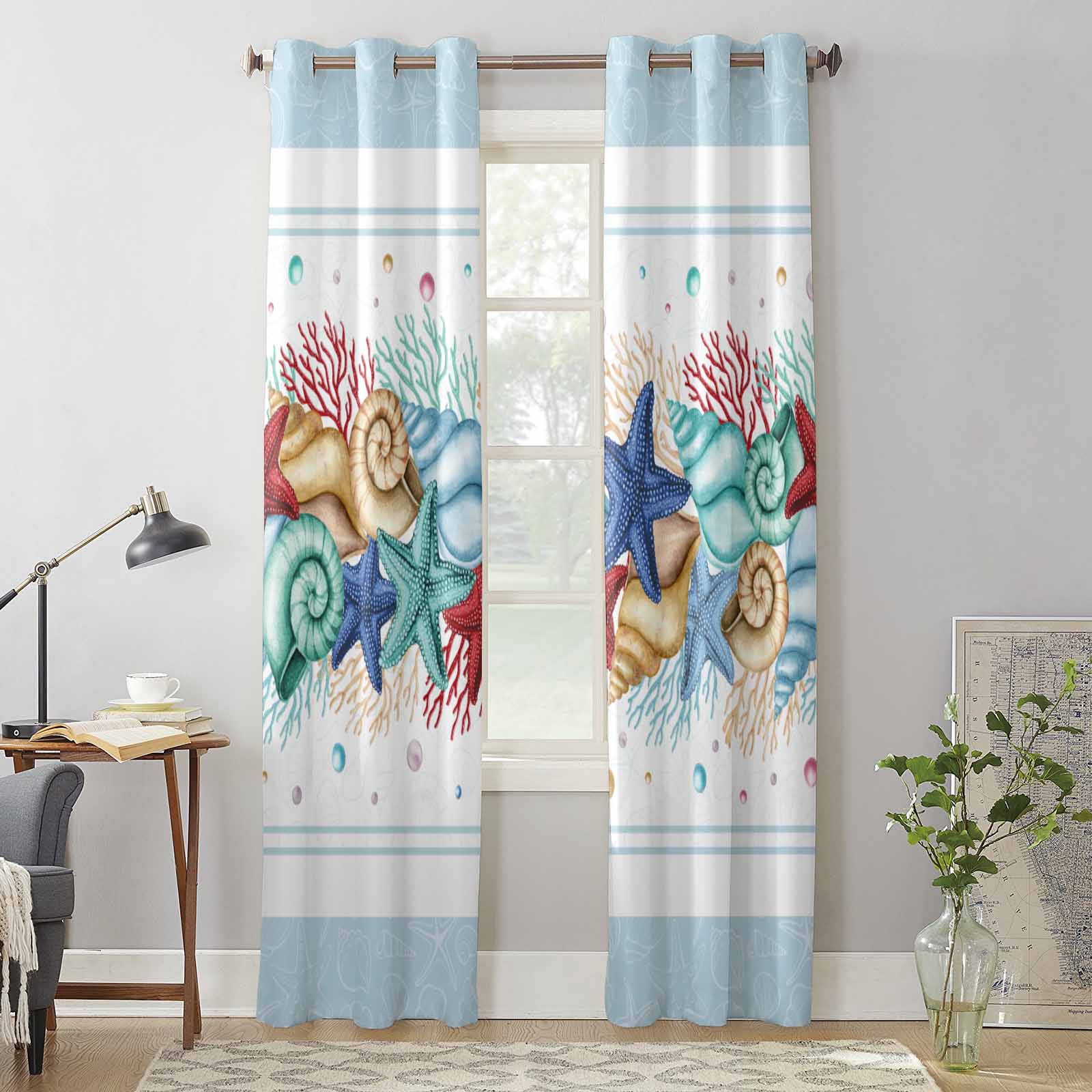 Summer Ocean Starfish Shell Coral Window Curtains for Living Room Luxury Bedroom Curtain Kitchen Blinds Drapes Curtains 135W x 60H(cm) x1