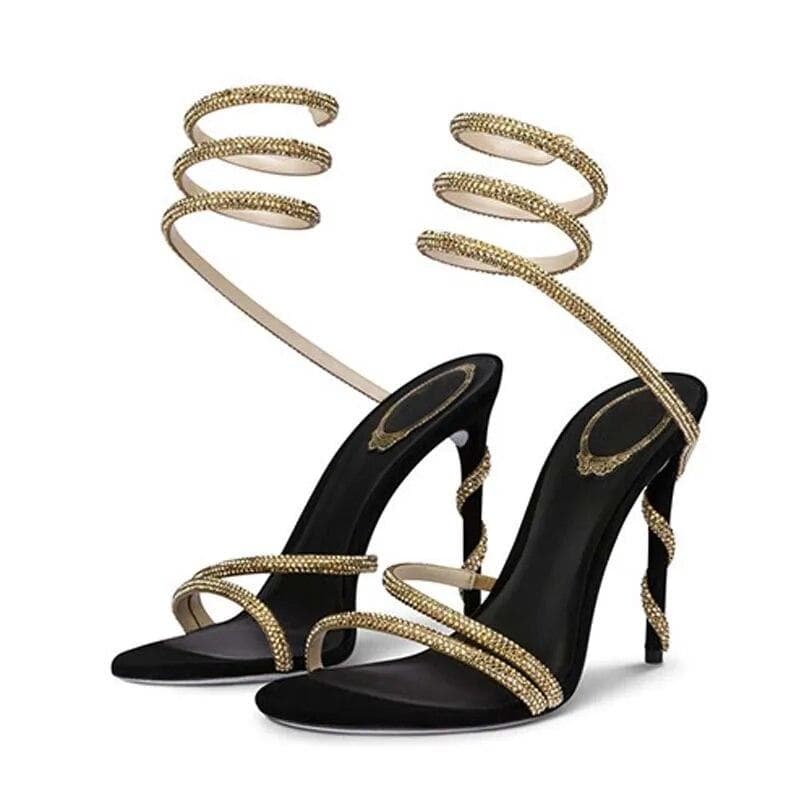 Eilyken Ankle Strap Open Toe Woman Sandals Design Sexy Crystal Rhinestone Thin High Heels Fashion Pumps Party Prom Shoes 36 black