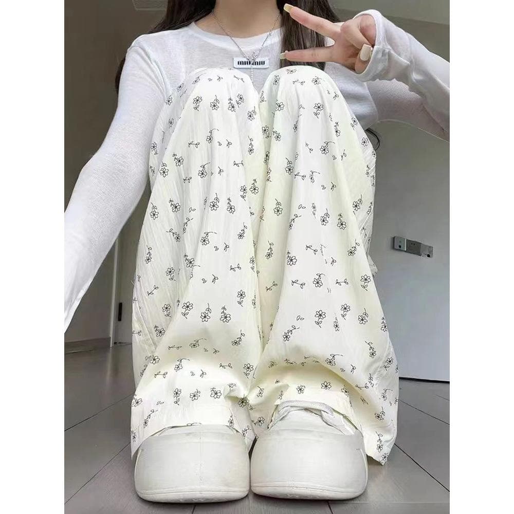 Summer New Sweet Girl Cute Floral Casual Pants Women's Versatile Loose Wide-leg Pants XL
