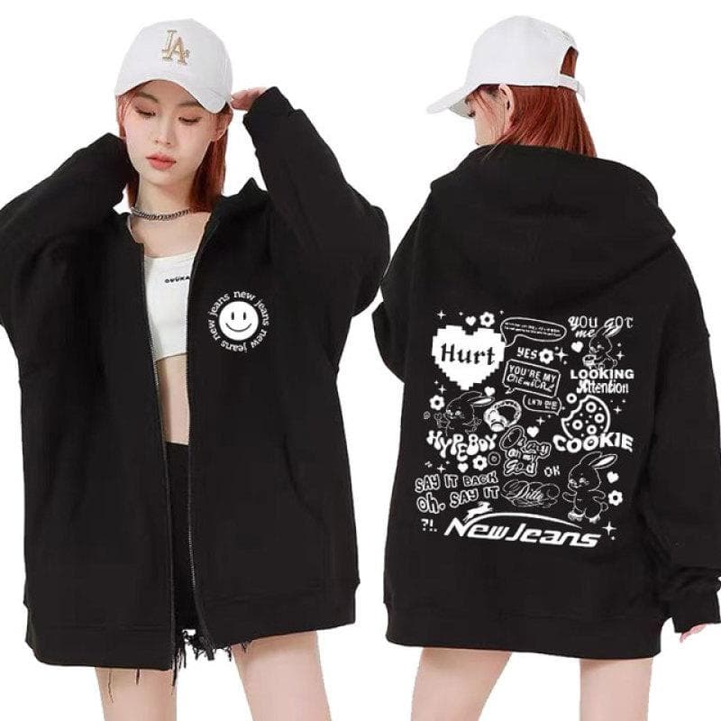 Korean NewJeans Bunny Kawaii Graphic Zip Up Hoodies Fashion Kpop Style Cute Hoodie Men Women's Casual Jackets Zipper Sweatshirts XXL