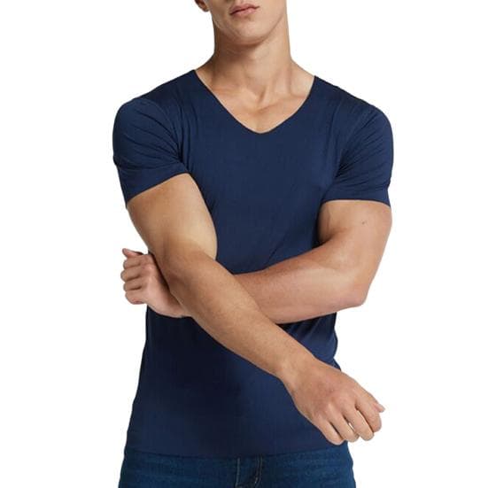 Men's Ice Silk T-Shirts Casual Short Sleeve Sports Tee Summer Breathable Moisture V-Neck Undershirt Top L navy blue