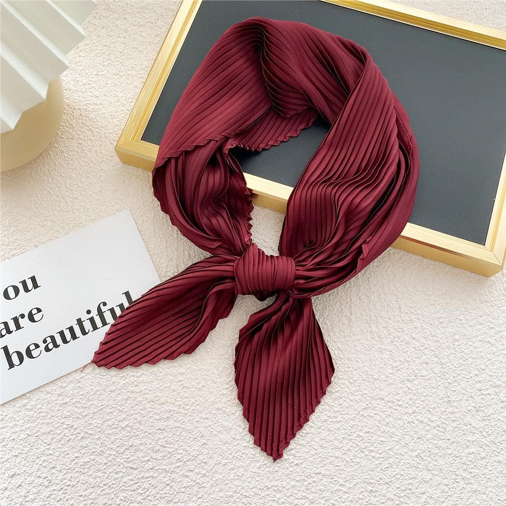 Women Square Scarf Skinny Ribbon Head Neck Small Pleated Hair Tie Band Kerchief Satin Foulard Scarves Headscarf Neckerchief wine red