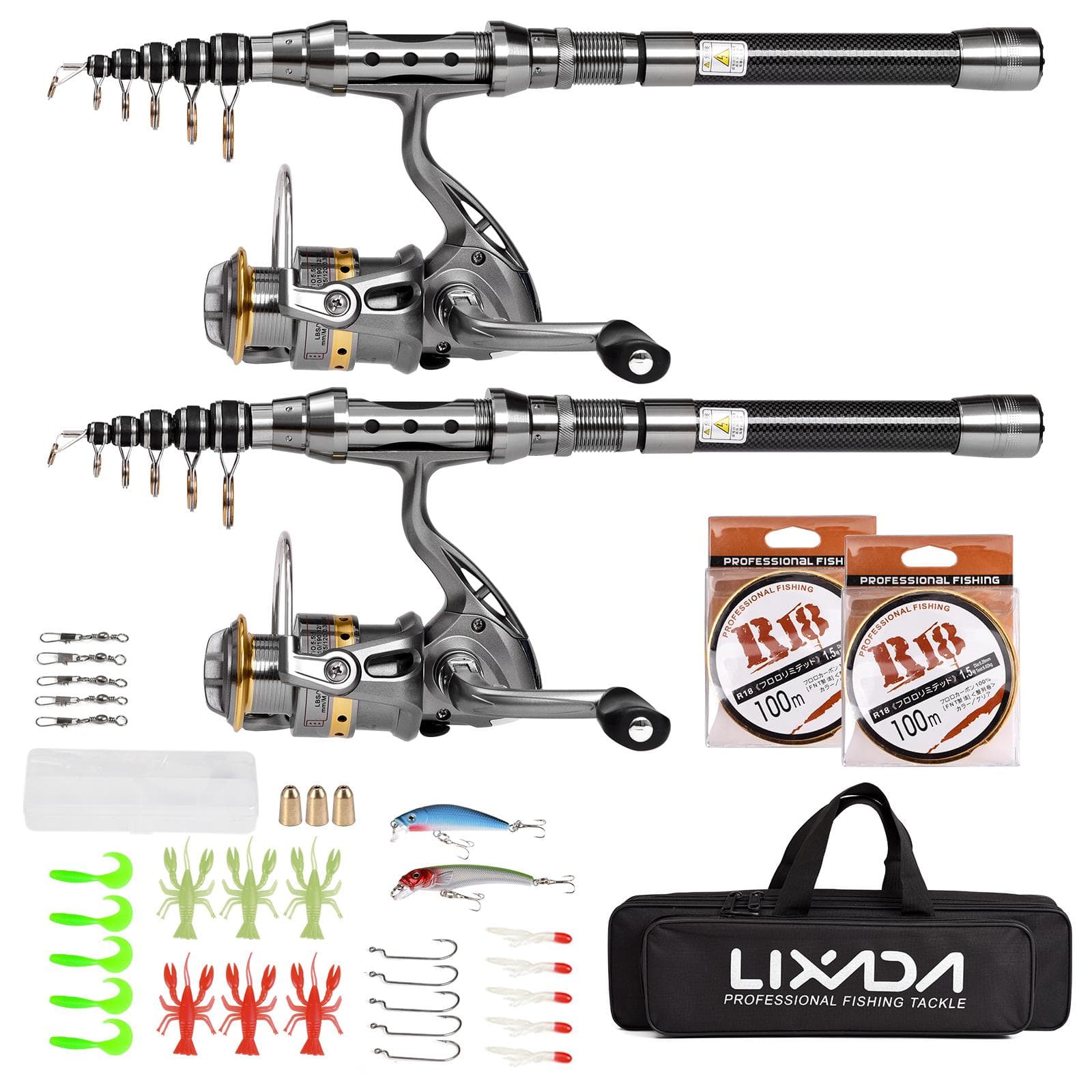 Fishing Pole Combo Set 2PCS Rod and Reel Telescopic Fishing Rod Carbon Fiber Spinning Reels Fishing 2.1m