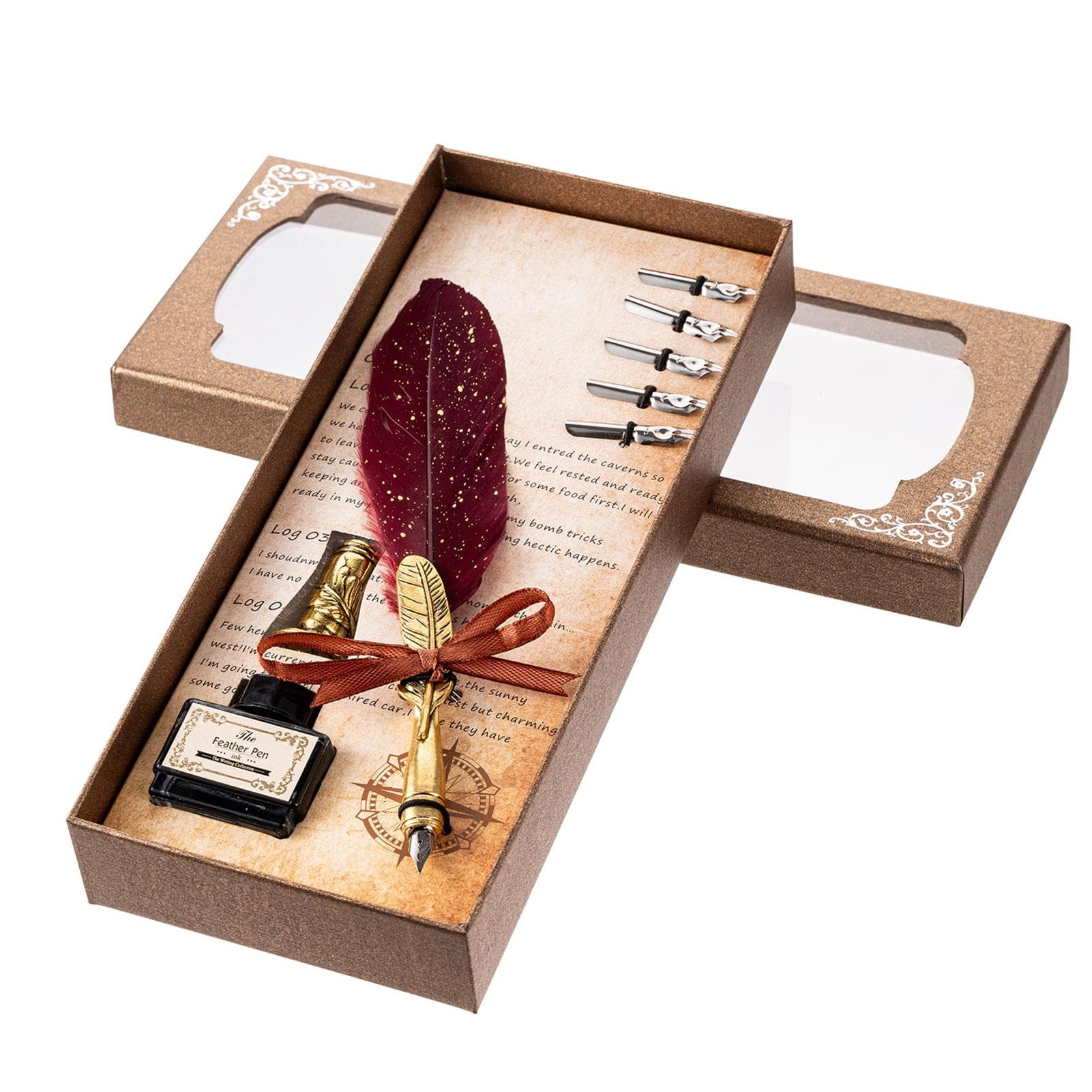 Quill Pen and Ink Set Retro Feather Dip Ink Pen Set Vintage Calligraphy Writing Signature with 5 red