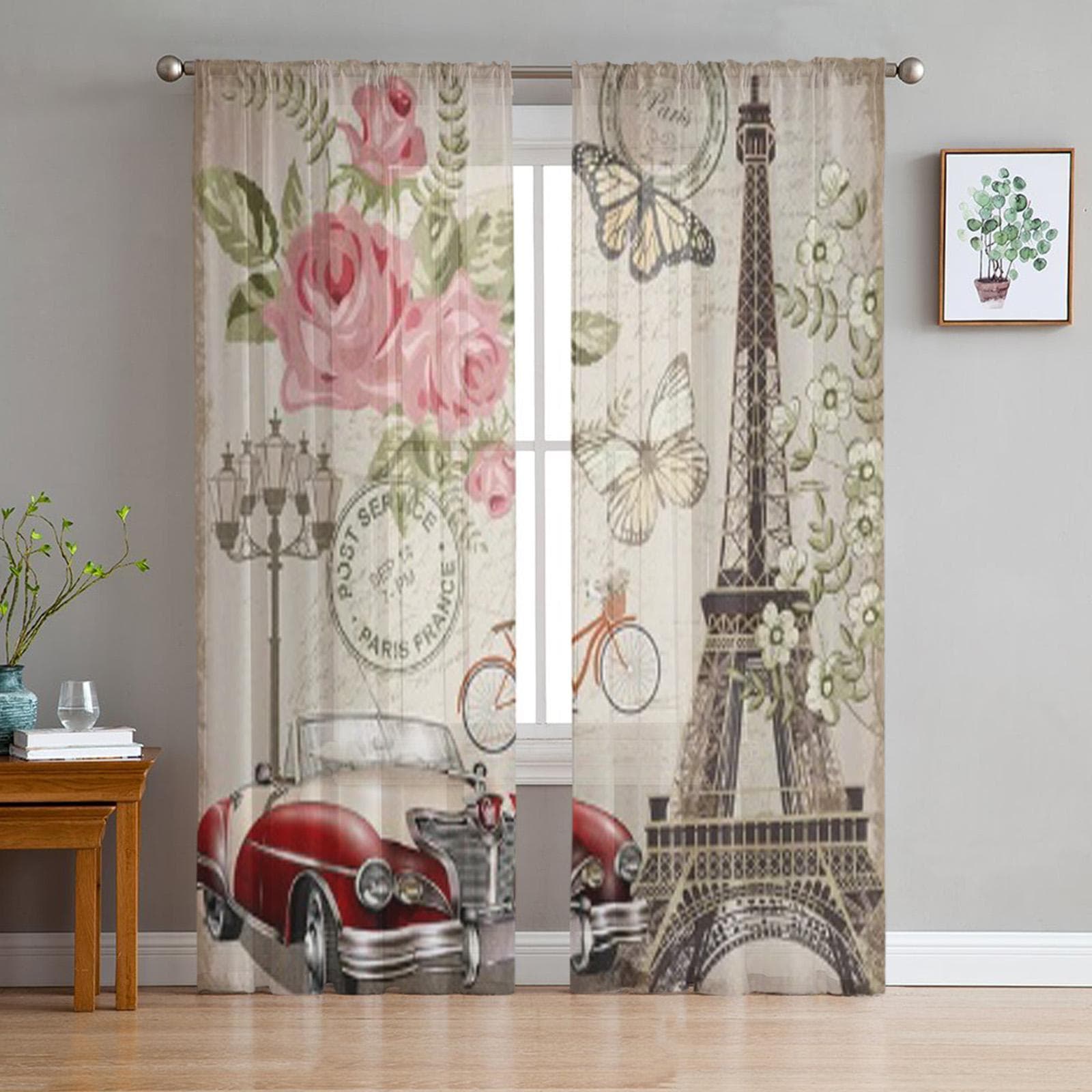 Paris Vintage Postcard Sheer Curtain For Living Room Bedroom Voile Curtains For Window Organza Curtains Party Tulle Drapes 135W x 114H(cm)
