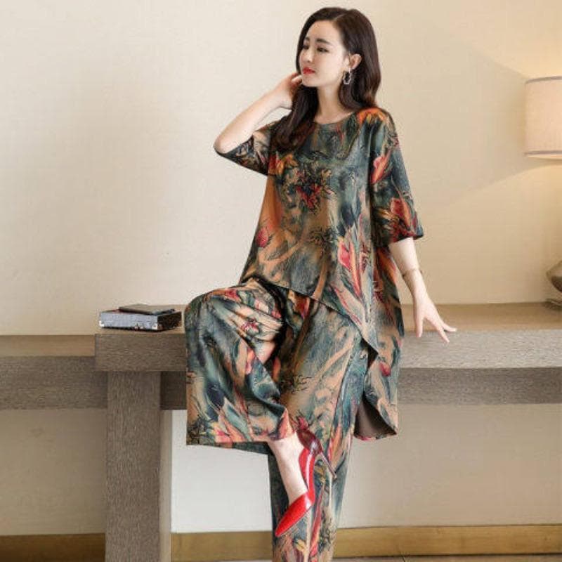 Summer New Loose Suit Women's Retro Printing Student Two-piece Set Fashionable Wide-leg Pants Women's Clothing 4XL light green