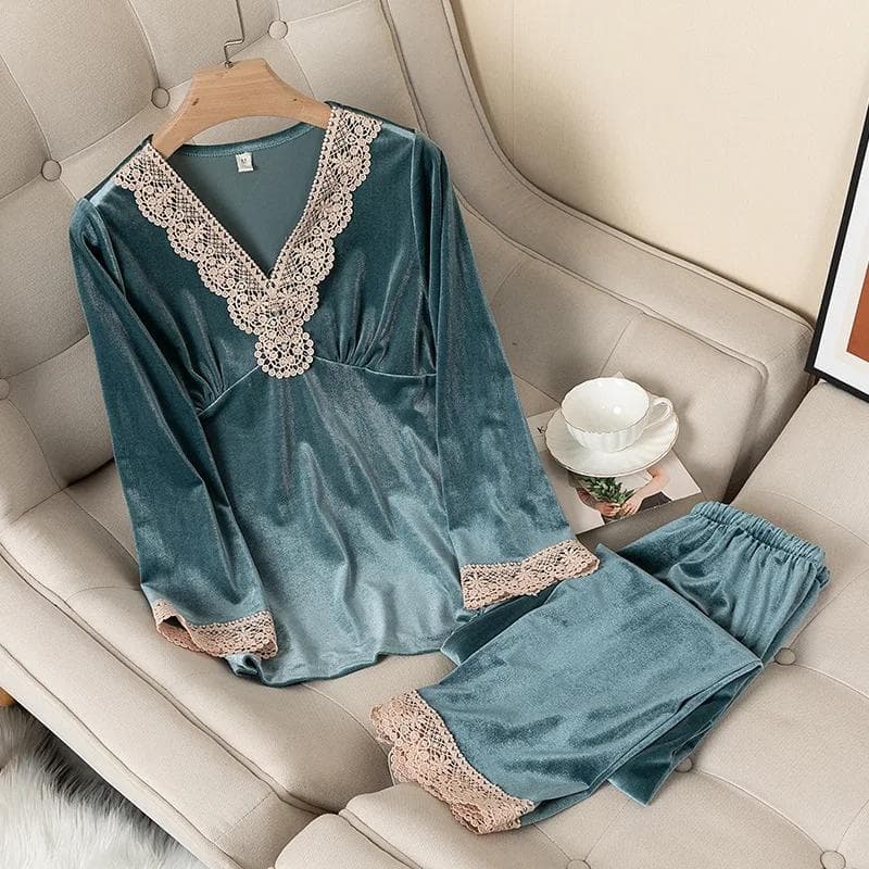 Velvet Pajamas Women Autumn Winter Sleepwear Long Sleeve Casual Nightwear Pyjamas Suit Loose Home Clothes Lace Trim Sleep Set L